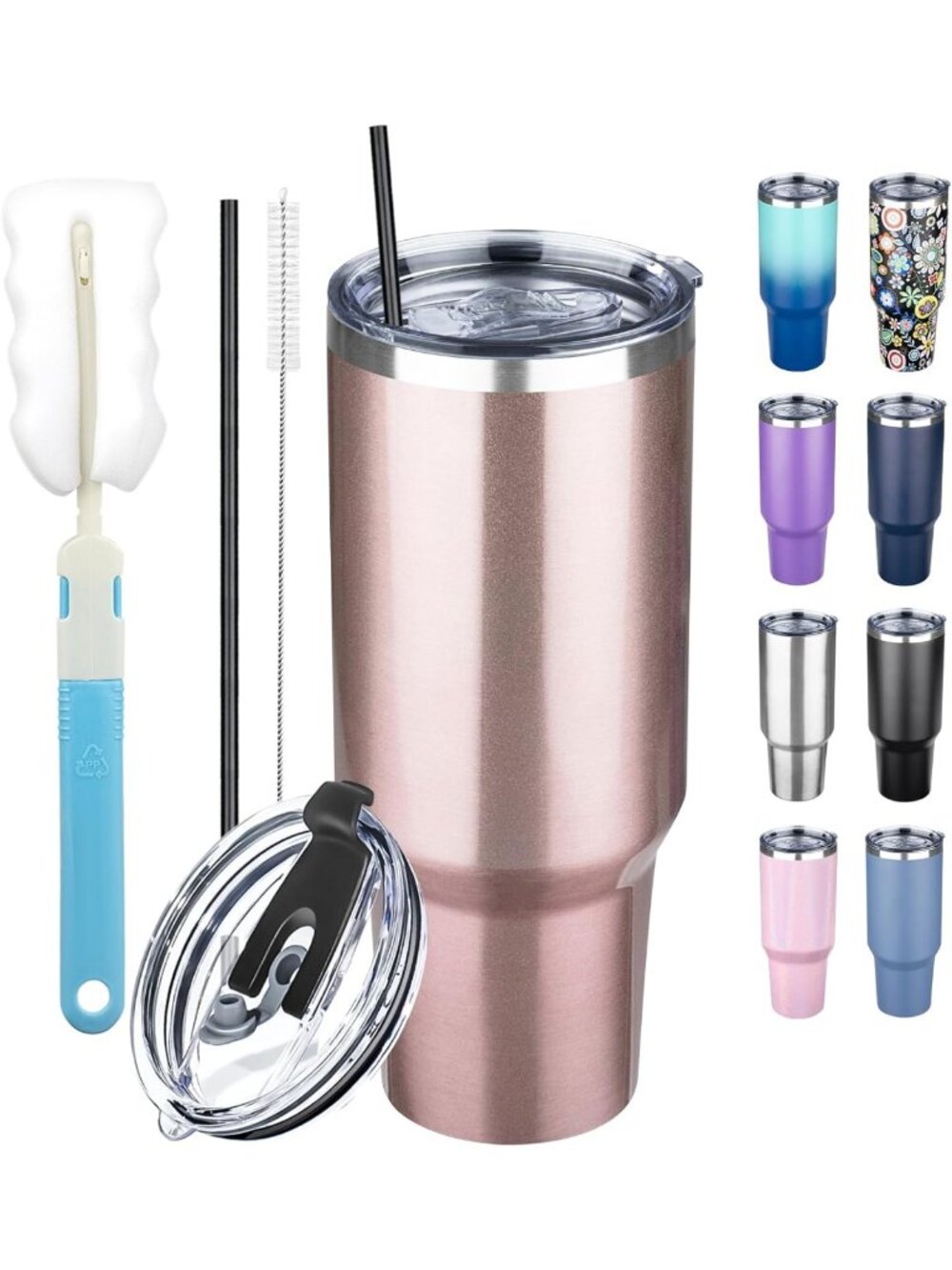 Insulated 40 oz Tumbler with Lids & Straws, Double Wall Travel Mug, Leakproof